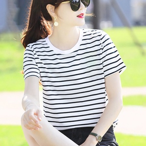 黑白条纹纯棉短袖T恤女夏季新款横条圆领百搭宽松显瘦气质上衣服