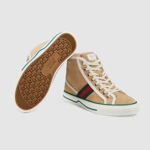 正品代购gucci/古驰2021新款女鞋1977标签77刺绣棕色麂皮高帮鞋