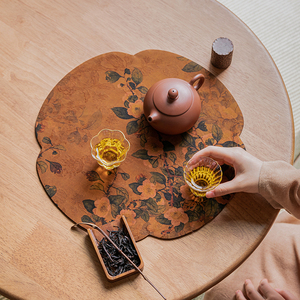 草木祠 香云纱圆形干泡茶席垫子新中式高端禅意双面隔热茶垫桌布