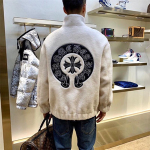 正品chrome hearts克罗心马蹄梵文刺绣十字架羊羔绒男女夹克外套
