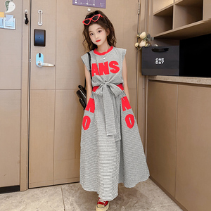 女大童夏季连衣裙2024新款初中生女生韩版套装字母格纹裙子两件套