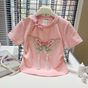 女童国风短袖t恤夏季2024新款网红新中式儿童棉质蝴蝶刺绣上衣服