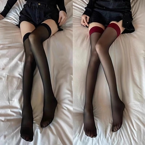 长筒黑丝袜女性感款过膝大腿黑色半截纯欲蕾丝网袜子夏季薄款红边