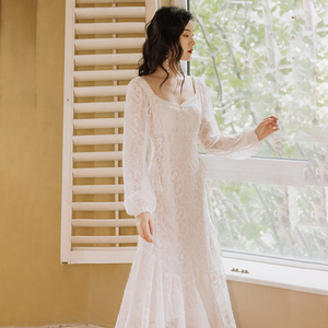鱼尾轻婚纱连衣裙白月光小白裙刺绣白色长裙仙领证登记日常小礼裙