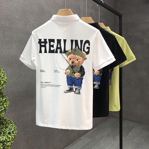潮牌小熊印花短袖t恤男士半截袖高端翻领polo衫潮流休闲百搭上衣