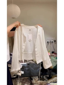 韩系白色圆领棉麻衬衫女夏季薄款亚麻开衫防晒外搭短款绑带设计感