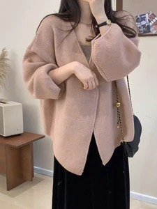 韩系慵懒风灯笼袖廓形粉色毛衣外套女春季温柔甜美风针织开衫上衣