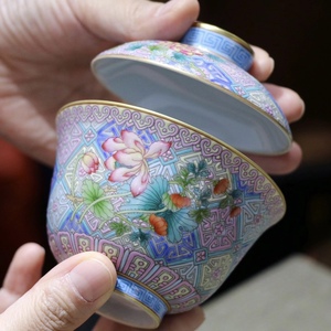 小观窑 重工手绘荷花珐琅彩两才盖碗薄胎金边宝石瓷景德镇手工薄