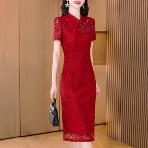 高端时尚气质红色蕾丝旗袍连衣裙2024年新款显瘦减龄礼服裙子夏季
