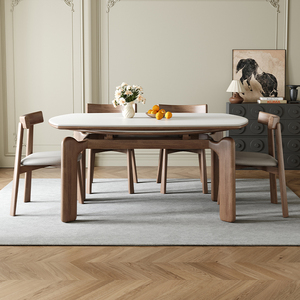 复古风岩板实木餐桌椅组合家用小户型可伸缩方圆桌中古风吃饭桌子
