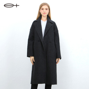一嘉 e＋设计师品牌冬季新款时尚毛边双面呢落肩长款系带大衣