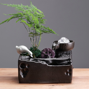 小型流水生财摆件循环水景观风水轮水车办公室桌面招财绿植物盆景