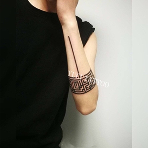 臂环纹身贴纸小臂格子线条黑色系中国风男女防水持久仿真刺青