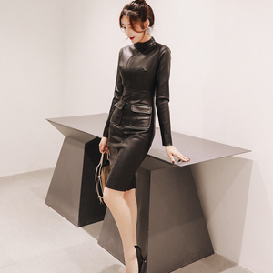 zaharam2022新款秋冬连衣裙包臀裙修身显瘦气质中长款真皮皮裙女