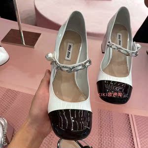 代购miumiu/缪缪玛丽珍女鞋 珍珠链条扣单鞋方头凉鞋漆皮粗高跟鞋