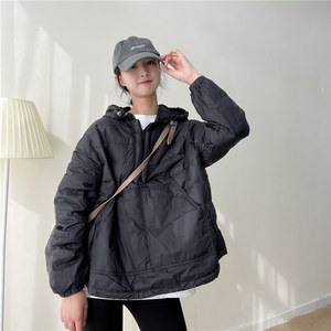 韩版套头卫衣羽绒服女短款2021冬季休闲连帽轻薄宽松白鸭绒外套潮
