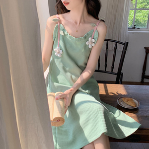 绿色睡裙夏季女款纯棉清新花朵性感吊带连衣裙子夏天女士大码睡衣