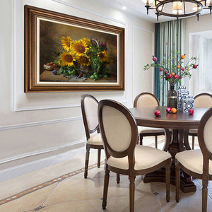 美式餐厅装饰画横款向日葵复古花卉油画欧式厨房饭厅壁画餐桌边画