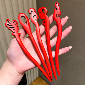 新年喜庆红色实木发簪古风汉服簪子头饰中国风古装盘发器发钗发饰