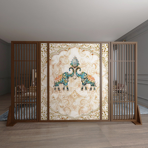 欧式屏风隔断别墅大厅客厅背景墙移动实木玄关墙入户轻奢招财大象