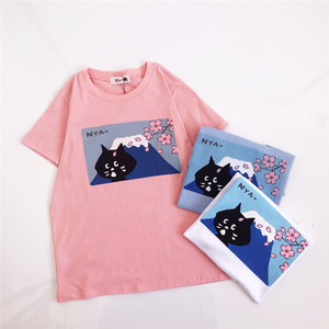 日系24夏季新款 惊讶猫net富士山樱花可爱休闲印花短袖纯棉T恤 女