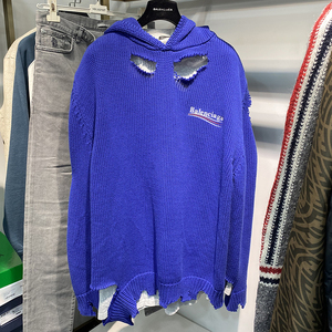 国内现货balenciaga巴黎世家破洞假两件连帽针织衫毛衣羊毛衫