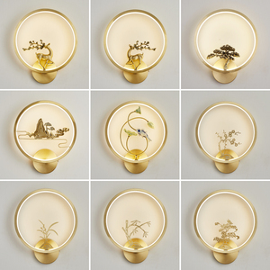 新中式全铜壁灯中国风禅意圆形梅兰竹菊梅花鹿客厅卧室床头灯具