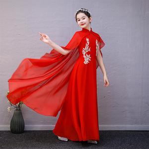 古筝演出服女童中国风舞蹈服考级服摄影笛子小女孩大红色表演服装