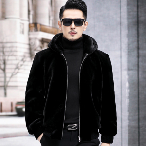 冬季海宁皮草男士连帽金貂绒夹克仿貂皮大衣皮毛一体加厚保暖外套