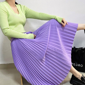 紫色百褶裙最又bestu春夏2022纯色简约休闲压褶中长款大摆半身裙