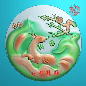 山水小狐狸动物精雕图jdp灰度图bmp浮雕图玉雕瑞兽卡通九尾狐5841