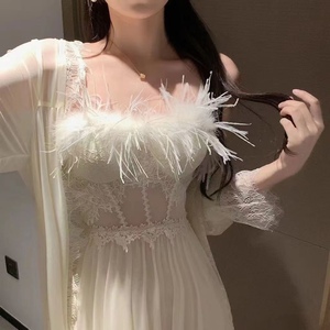 晨袍女新娘结婚羽毛性感吊带睡裙长款冰丝大码蕾睡衣家居服高级感