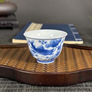 家用客杯青花釉鱼藻纹功夫茶茶具客杯瓷器茶盘盖碗主人杯盖子单杯