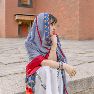 西藏双色刺绣披肩 民族风撞色花边沙漠多功能旅游双层大围巾女