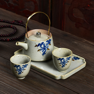 日式描金䦅提梁壶创意功夫茶具一壶两杯二人陶瓷茶盘茶杯茶壶套装