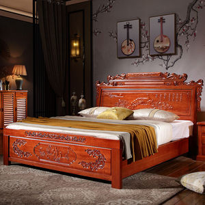 梨花木床柜组合中式仿古全实木木大床双人床雕花仿古家具缅甸主卧
