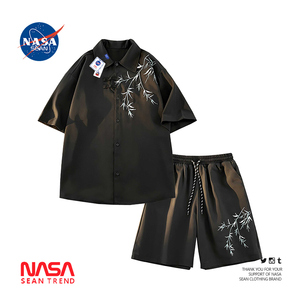 NASA联名新中式国风竹子刺绣套装男夏季潮牌冰感短衬衫短裤两件套