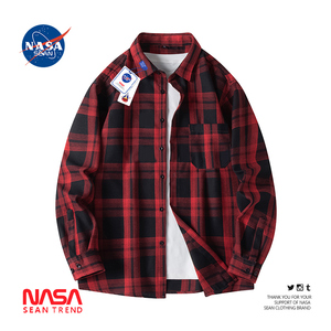 NASA联名春季新款长袖格子衬衫男潮牌复古潮流宽松休闲衬衣外套