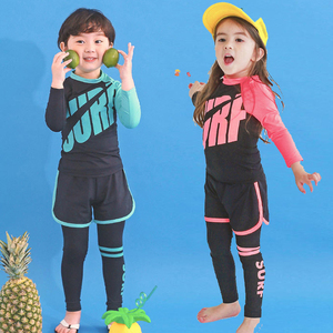 韩国洋气儿童泳衣男女孩中大童宝宝分体泳装学生防晒长袖三件套装