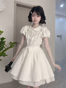 韩系高级感娃娃领白色连衣裙女学生2024新款泡泡袖遮肉公主蓬蓬裙
