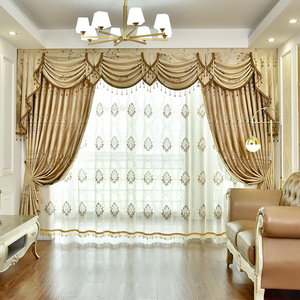 定制加厚落欧式提花遮光窗帘纱水波帘头幔头成品客厅卧室飘窗地窗