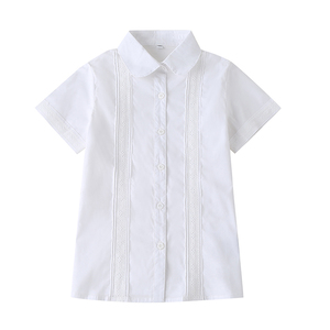女童短袖白色双花边衬衫纯棉夏季中大童班服女款中小学生校服衬衣