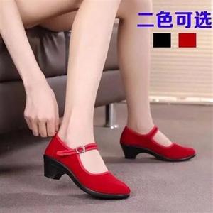 老北京布鞋单鞋女红色民族舞蹈鞋广场舞鞋酒店工作高跟礼仪黑布鞋
