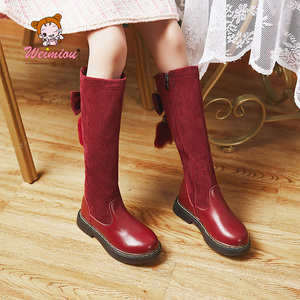 女童过膝长筒靴加绒中大童秋冬新款儿童洋气高筒靴女孩公主红色靴