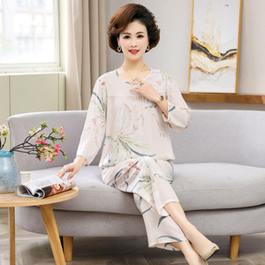 夏季妈妈套头睡衣薄款长袖透气凉快纯棉绸阿姨中年妇女士休闲女装