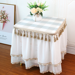 格子桌布家用高级感白色蕾丝田园风电视柜床头柜盖布茶几书桌套罩