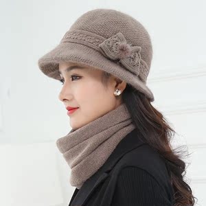 长脸适合带的帽子女冬针织毛线帽老人帽子保暖中年妈妈盆帽围巾.
