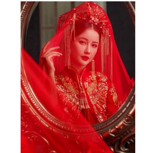 红盖头新娘头纱主婚纱结婚中式秀禾汉服婚礼2021新款透明古风蒙面