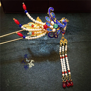 汉服头饰中式新娘古风发饰流苏步摇凤钗凤簪烧蓝点翠红楼梦饰品