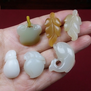 晶缘玉之韵天然和田玉石手工雕刻糖白色如意叶子福袋寿桃吊坠挂件
